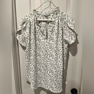 41 Hawthorn White  green floral Puff Sleeve Blouse with Mandarin Collar